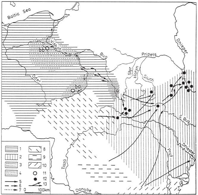 SPOŁECZNOŚCI MIĘDZYRZECZA DNIESTRU I SANU... DIE GEMEINSCHAFTEN DES GEBIETES ZWISCHEN DNJESTR UND SAN... 71 Ryc. 3. Sytuacja kulturowa w okresie 3500 2750 BC (wg Videiko 2000). 8 kultura badeńska.