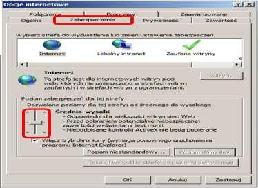 W zakładce [Zabezpieczenia] dla strefy Internet należy