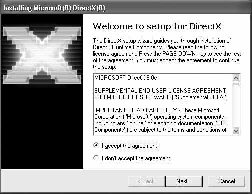 13Jeśli pojawi się ekran [Installing Microsoft (R) DirectX(R)], wykonaj czynności opisane poniżej w celu zainstalowania programu