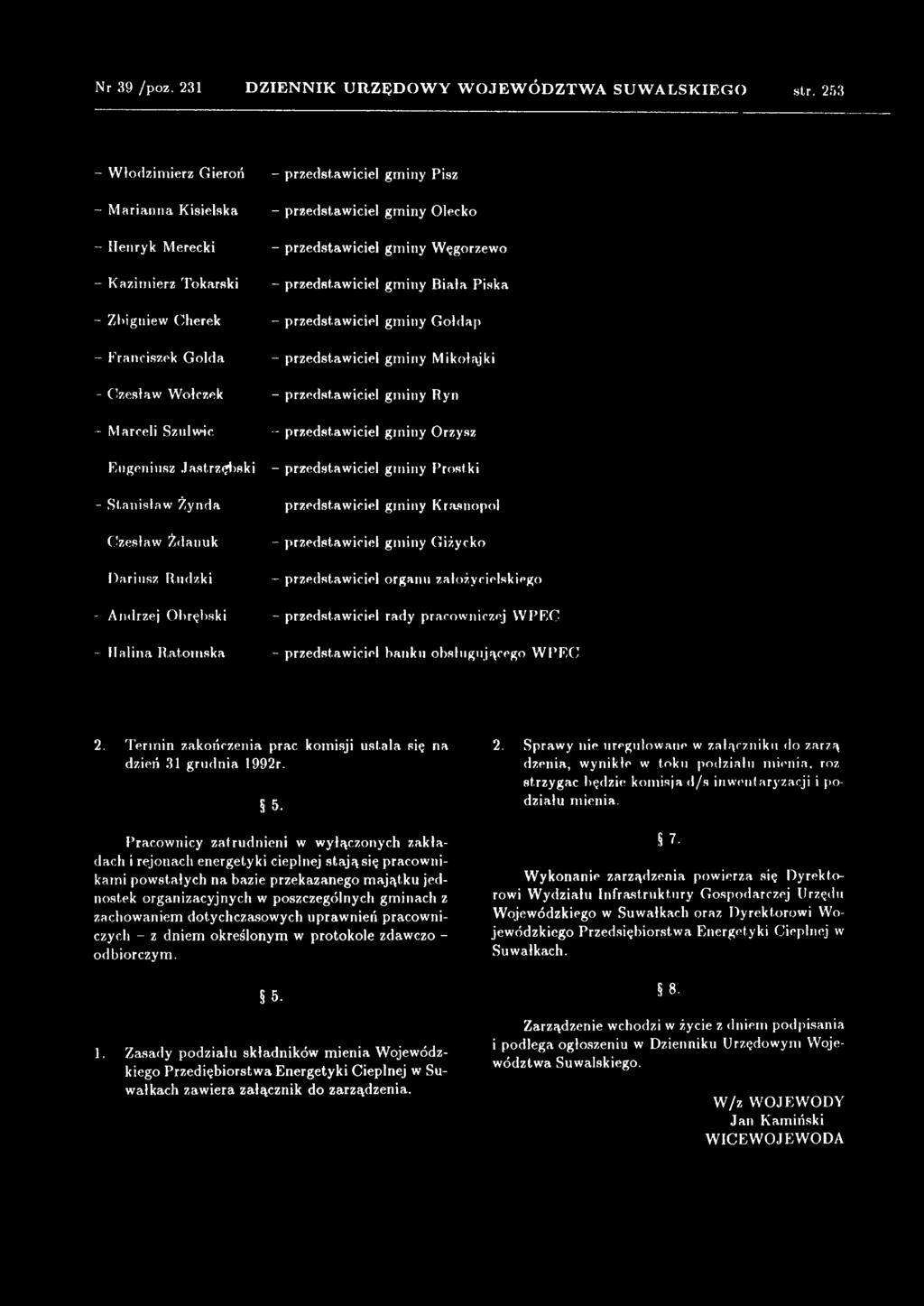 Biała Piska - Zbigniew Cherek - przedstawiciel gminy Gołdap - Franciszek Golda - przedstawiciel gminy Mikołajki - Czesław Wołczek - przedstawiciel gminy Ryn - Marceli Szulwic - przedstawiciel gminy