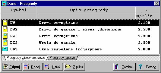 Aquatherm Polska OZC 30 Dialog Dane - Przegrody z listą wprowadzonych przegród typowych Na rysunkach poniżej przedstawione zostały dialogi z listą