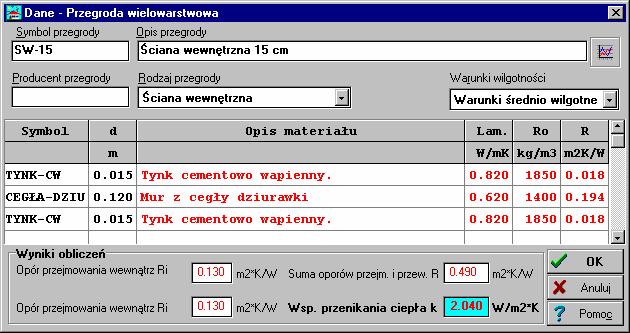 9 Przykład Dialog z wprowadzonymi danymi o ścianie wewnętrznej 15 cm Ściana
