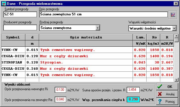 Aquatherm Polska OZC 30 Dialog z wprowadzonymi danymi o ścianie zewnętrznej 45 cm Grubość styropianu