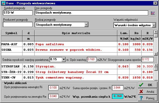 Aquatherm Polska OZC 30 Dialog z wprowadzonymi danymi o stropodachu wentylowanym W przypadku stropodachu tabela z warstwami występującymi w przegrodzie zostaje podzielona na dwie części W górnej