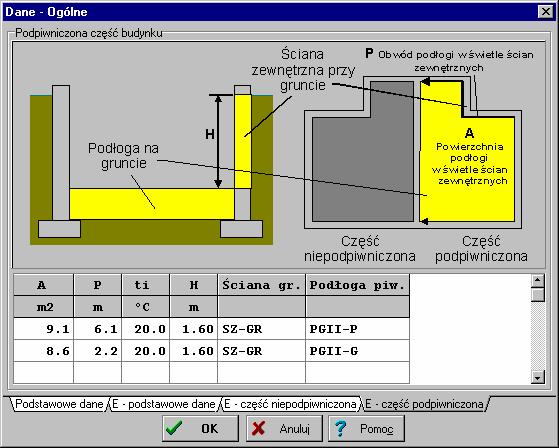 Aquatherm Polska OZC 30 Dialog z wprowadzonymi danymi o podpiwniczonej części budynku 925 Dane o pomieszczeniach W celu rozpoczęcia wprowadzania danych o pomieszczeniach należy z menu Dane polecenie
