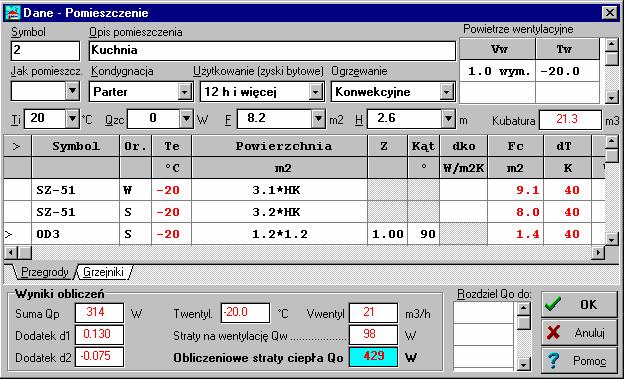 9 Przykład Pomieszczenie 2 - Kuchnia Przykład wprowadzonych danych o pomieszczeniu nr 2 - dane do obliczeń strat ciepła i sezonowego zapotrzebowania na energię cieplną Ze względu na dwie różne