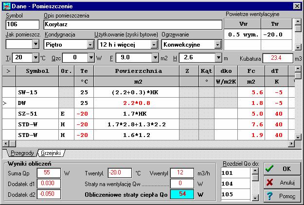 9 Przykład Przykład wprowadzonych danych o pomieszczeniu nr 106 - dane do obliczeń strat ciepła Ze względu na niewielką wartość (54 W), straty ciepła z korytarza zostały rozdzielone do sąsiadujących