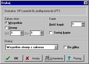 Aquatherm Polska OZC 30 1017 Drukuj - dialog Dialog służy do ustalania parametrów związanych z drukowaniem wyników obliczeń 74 Dialog Drukuj Pola dialogu Zakres stron - grupa W grupie należy wybrać