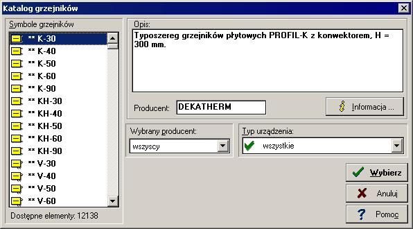 10 Załączniki Lista symboli producentów, w której używając myszy lub klawiatury można wybrać 215 odpowiedni symbol Wybór konkretnego producenta spowoduje zawężenie listy symboli grzejników tylko do