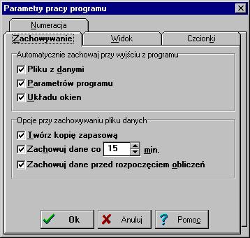 10 Załączniki 101204Parametry pracy programu / Zachowywanie - karta Karta umożliwia ustalenie parametrów automatycznego zachowywania danych, parametrów pracy programu, i układu okien Dialog parametry