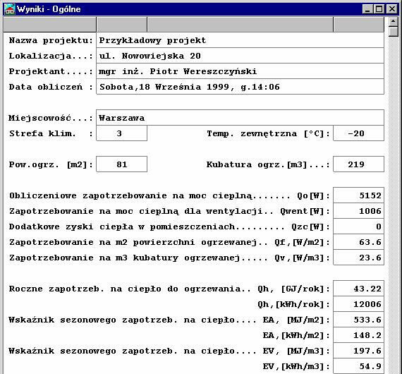 10 Załączniki Menu Wyniki 97, polecenie Grzejniki 99, Wyniki obliczeń 74, Poruszanie się po tabeli 57 1033 Wyniki - Ogólne - tabela Ogólne wyniki obliczeń zawierają