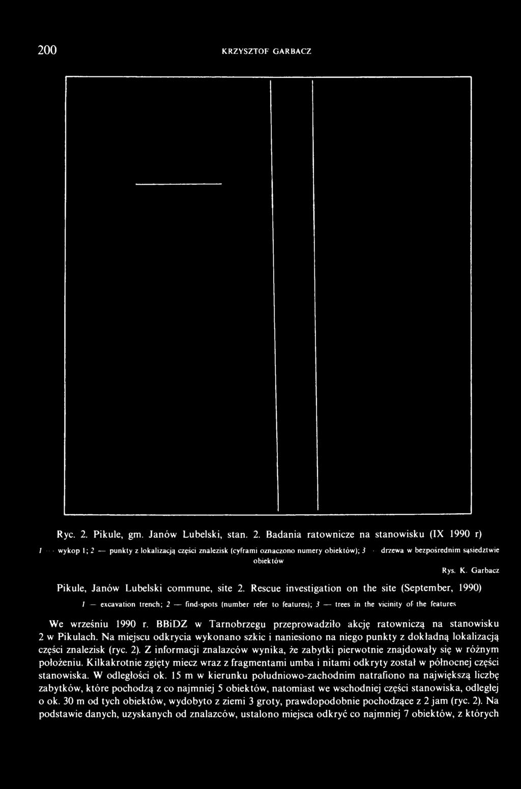 Badania ratownicze na stanowisku (IX 1990 r) 1 wykop 1; 2 punkty z lokalizacją części znalezisk (cyframi oznaczono numery obiektów); J drzewa w bezpośrednim sąsiedztwie obiektów Rys. K.