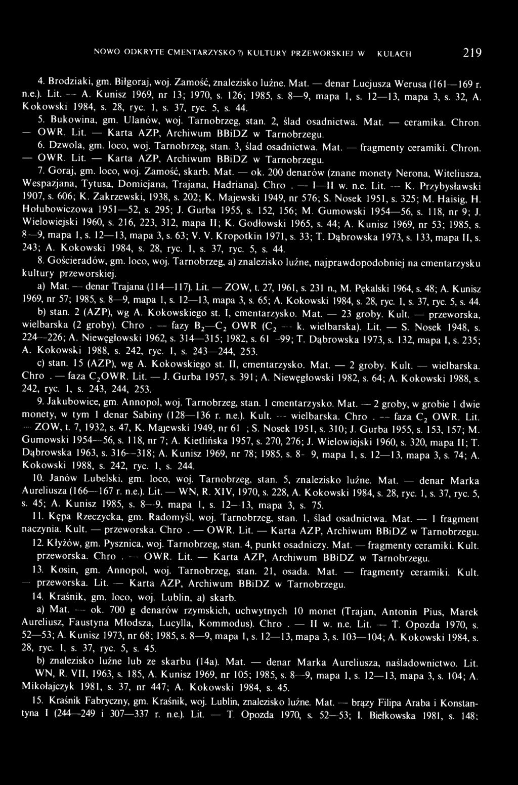 2, ślad osadnictwa. Mat. ceramika. Chroń. OWR. Lit. Karta AZP, Archiwum BBiDZ w Tarnobrzegu. 6. Dzwola, gm. loco, woj. Tarnobrzeg, stan. 3, ślad osadnictwa. Mat. fragmenty ceramiki. Chroń. OWR. Lit. Karta AZP, Archiwum BBiDZ w Tarnobrzegu. 7.