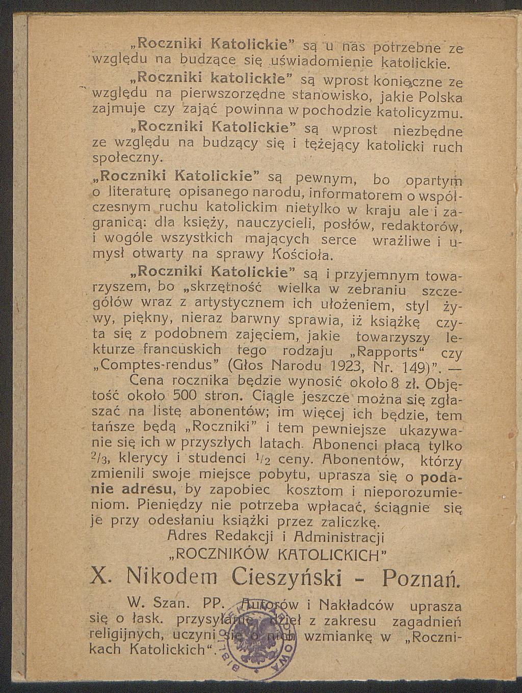 Roczniki Katolickie są u nas potrzebne "ze względu na budzące się uświadomienie katolickie.