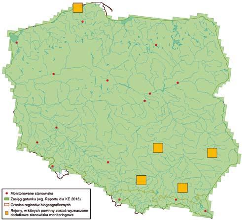 337 Bóbr europejski Castor fiber (Linnaeus, 758) Ryc.. Rozmieszczenie stanowisk monitoringu bobra europejskiego w Polsce na tle jego zasięgu występowania. II. METODYKA.