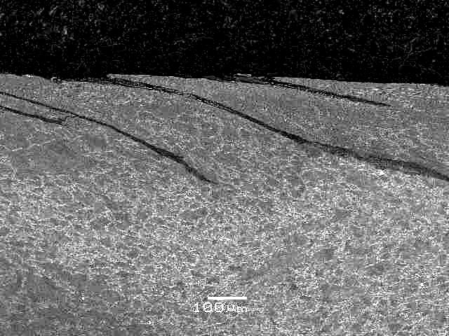 98 T R I B O L O G I A 4-2016 Fig. 9. Macro cracks on the surface with significant plastic deformation microstructure [L. 2] Rys. 9. Makropękniecia na powierzchni tocznej wieńca koła ze znacznymi odkształceniami plastycznymi mikrostruktury perlityczno-ferrytycznej [L.