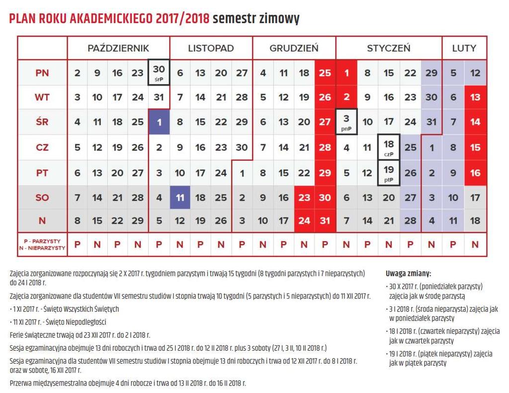 KALENDARZ AKADEMICKI - SEMESTR ZIMOWY 2017/2018 Kalendarz akademicki