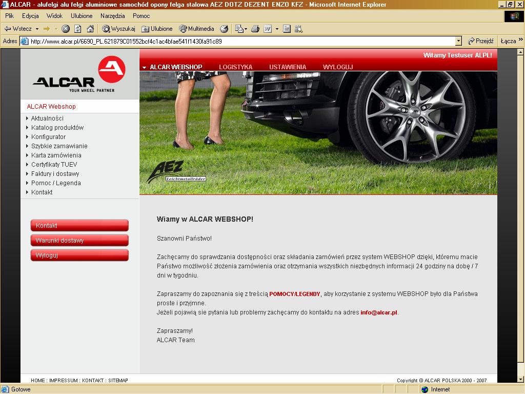 II. Webshop ALCAR Webshop podzielony jest na kilka części: Aktualności Katalog produktów Konfigurator Szybkie zamawianie Karta zamówienia Certyfikaty TUEV Faktury i