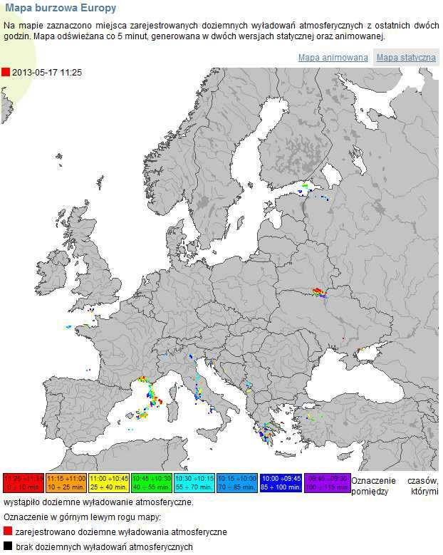 Burze.dzis.net Burzowe mapy Polski i Europy dostępne są też w witrynie burze.dzis.net [BUDZ]. Mapa obejmuje okres ostatnich dwóch godzin i jest odświeżana co 5 minut.