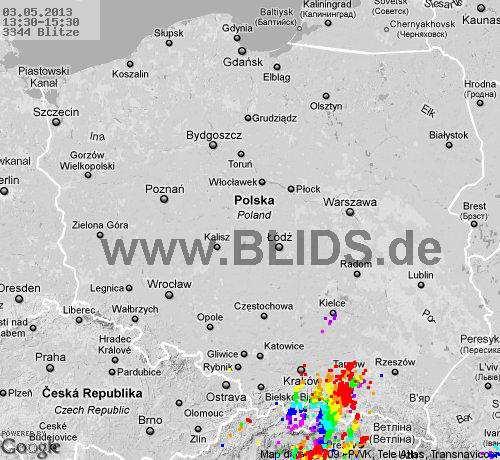 BLIDS Rys. 6.41. Przykład mapy wyładowań z 3 V 2013 r.