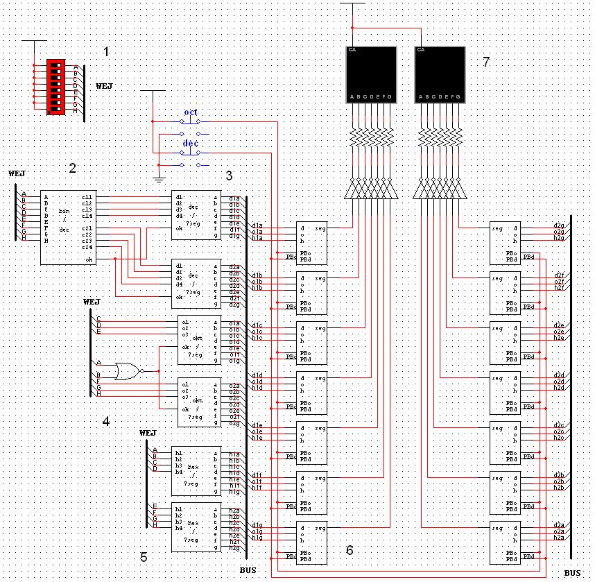 Symulacja w programie Multisim załącznik: 7seg.ms10 Układ zrealizowany w programie Multisim składa się z następujących elementów: 1. Wejście - ośmiobitowy przełącznik 2.