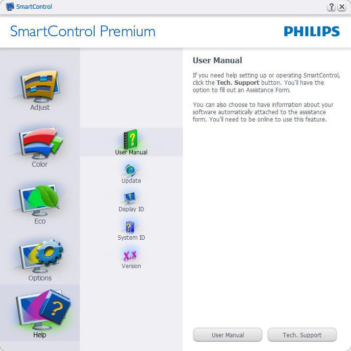 3. Optymalizacja obrazu Dla monitorów bez obsługi DDC/CI dostępne są wyłącznie zakładki Help (Pomoc) i Options (Opcje). Options (Opcje) > Auto Pivot (Autom.