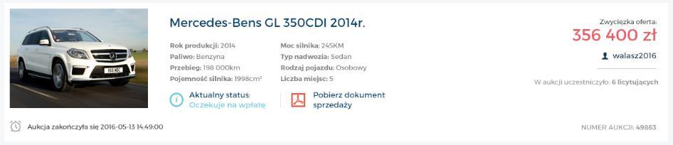 Z tego poziomu możesz również szybko sprawdzić w których licytacjach Twoja oferta jest najwyższa, gdyż wszystkie aukcje w których wygrywasz będą oznaczone kolorem zielonym b.