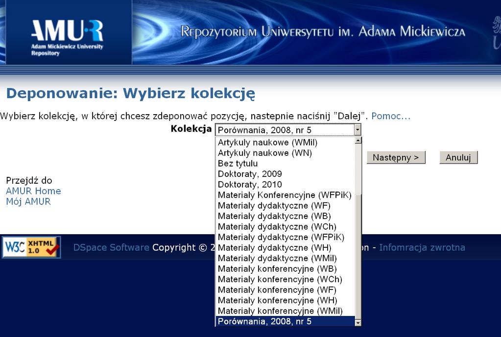 2. Proces deponowania prac wybierz kolekcję 1.