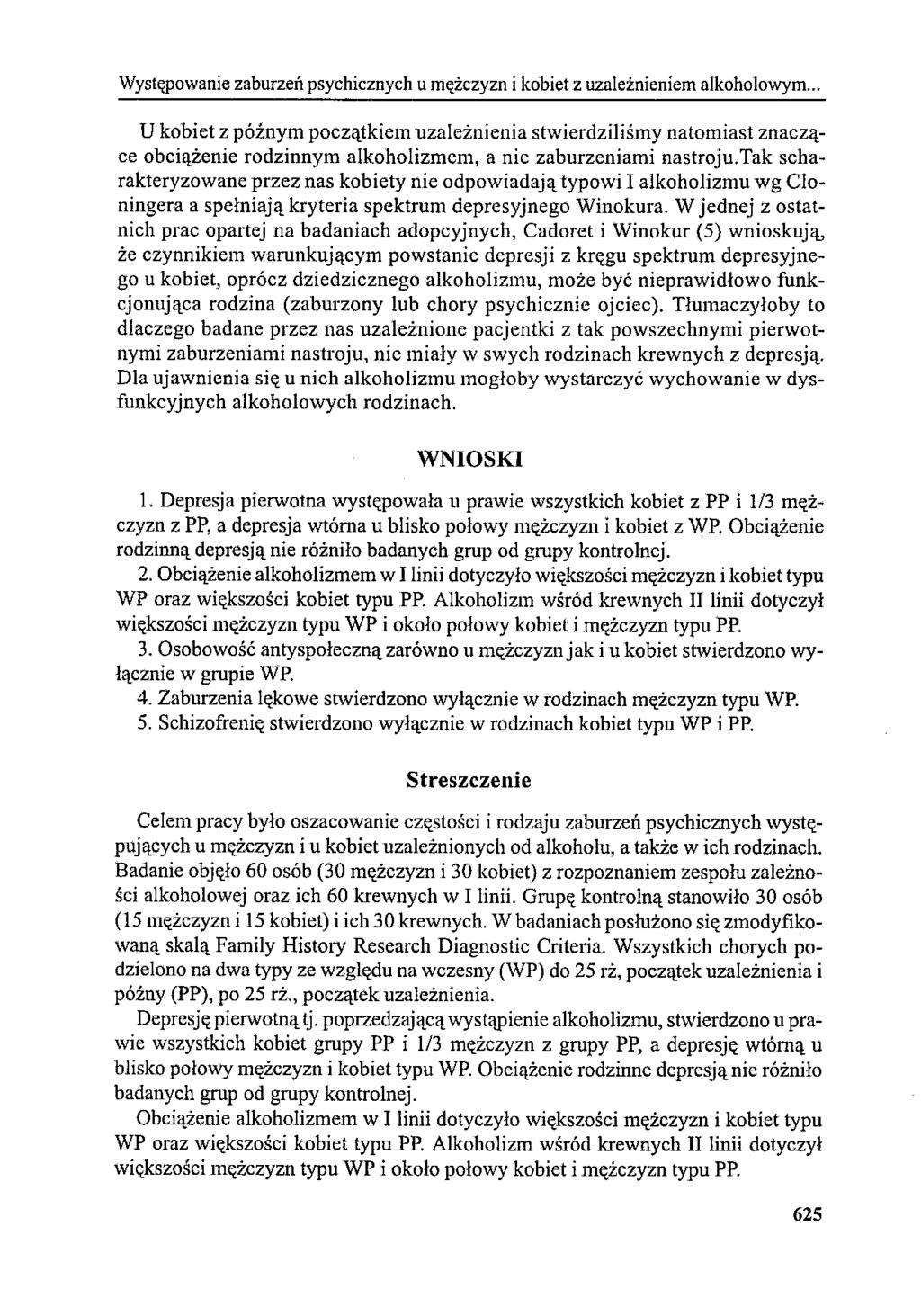 Występowanie zaburzeń psychicznych u mężczyzn i kobiet z uzależnieniem alkoholowym.