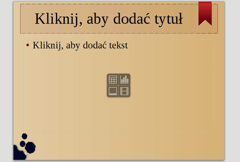 Jeżeli klikniemy strzałkę w polu Układ slajdu, możemy wybrać jeden z układów: Pusty slajd Slajd tytułowy Tylko tytuł Tekst wyśrodkowany Klikamy strzałkę Tytuł i 2 elementy zawartości Tytuł, zawartość