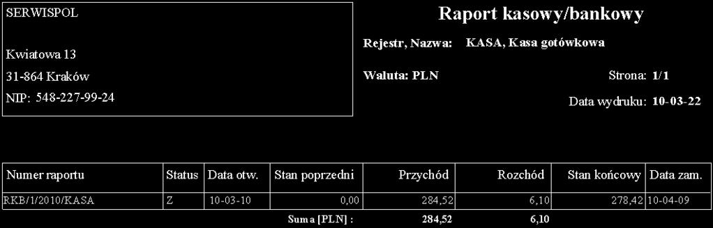 2.4 Formularz raportu kasowego/bankowego 2.4.1 Raport Wydruk dla konkretnego raportu uwzględniający następujące informacje: numer raportu, status, data otwarcia, stan poprzedni, kwota przychodu, kwota rozchodu, stan końcowy, data zamknięcia.