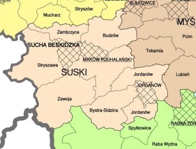 małopolskiego, w powiecie suskim (N 49 39' E 19 50'). Stanowi również siedzibę gminy wiejskiej Jordanów.