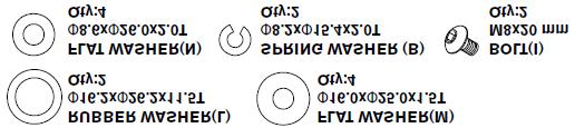 5). A. Otwórz torebkę numer 4. B. Wsuń na łącznik pedału 1 podkładkę (J), 1 podkładkę (K), następnie kolejną podkładkę (J). C.