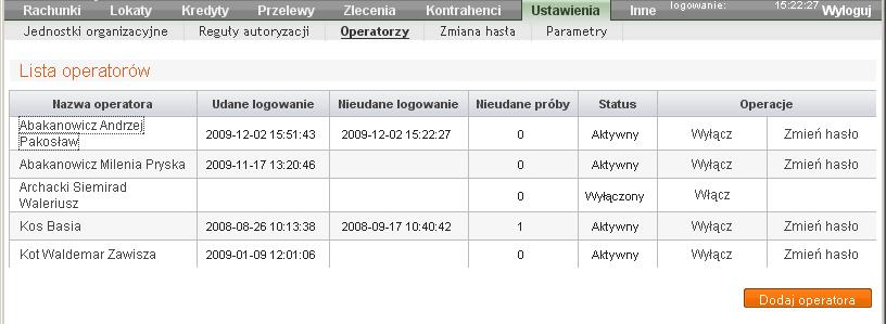 Bank Spółdzielczy w Kaliszu Pomorskim Rys. 44 Okno "Lista operatorów". Poprzez kliknięcie na nazwę operatora w oknie Lista operatorów (Rys. 44), otwiera się okno Operator: Nazwa operatora (Rys.