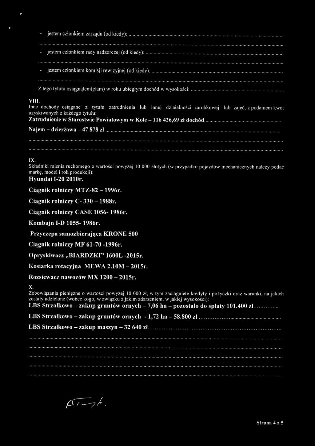 Inne dochody osiągane z tytułu zatrudnienia lub innej działalności zarobkowej lub zajęć, z podaniem kwot uzyskiwanych z każdego tytułu: Zatrudnienie w Starostwie Powiatowym w Kole - 116 426,69 zł