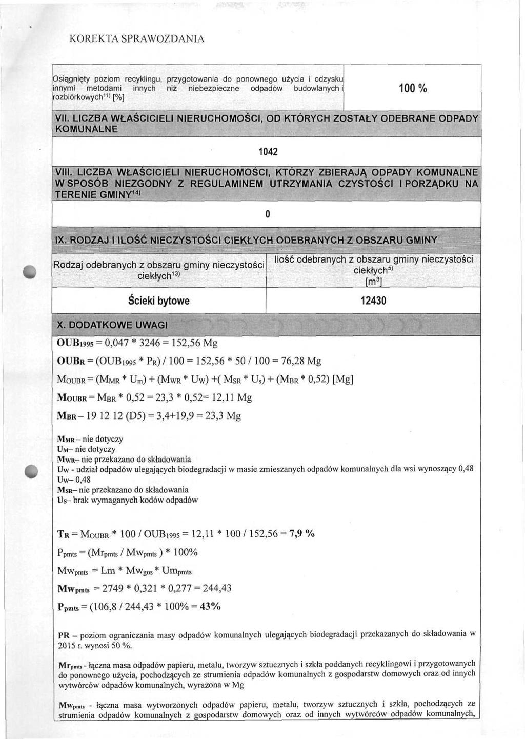 Osiągnięty poziom recyklingu, przygotowania do ponownego użycia i odzysku nnymi metodami innych niż niebezpieczne budowlanych i ozbiórkowych 11) [%] 100% VII.