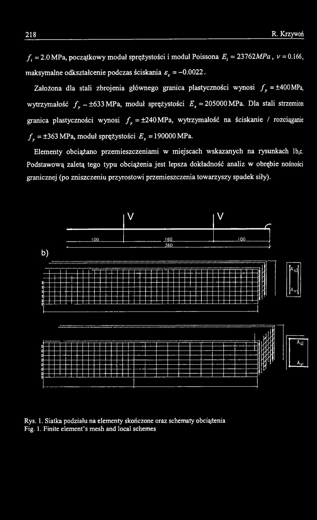 190000 MPa. Elementy obciążano przemieszczeniami w miejscach wskazanych na rysunkach lb,c.