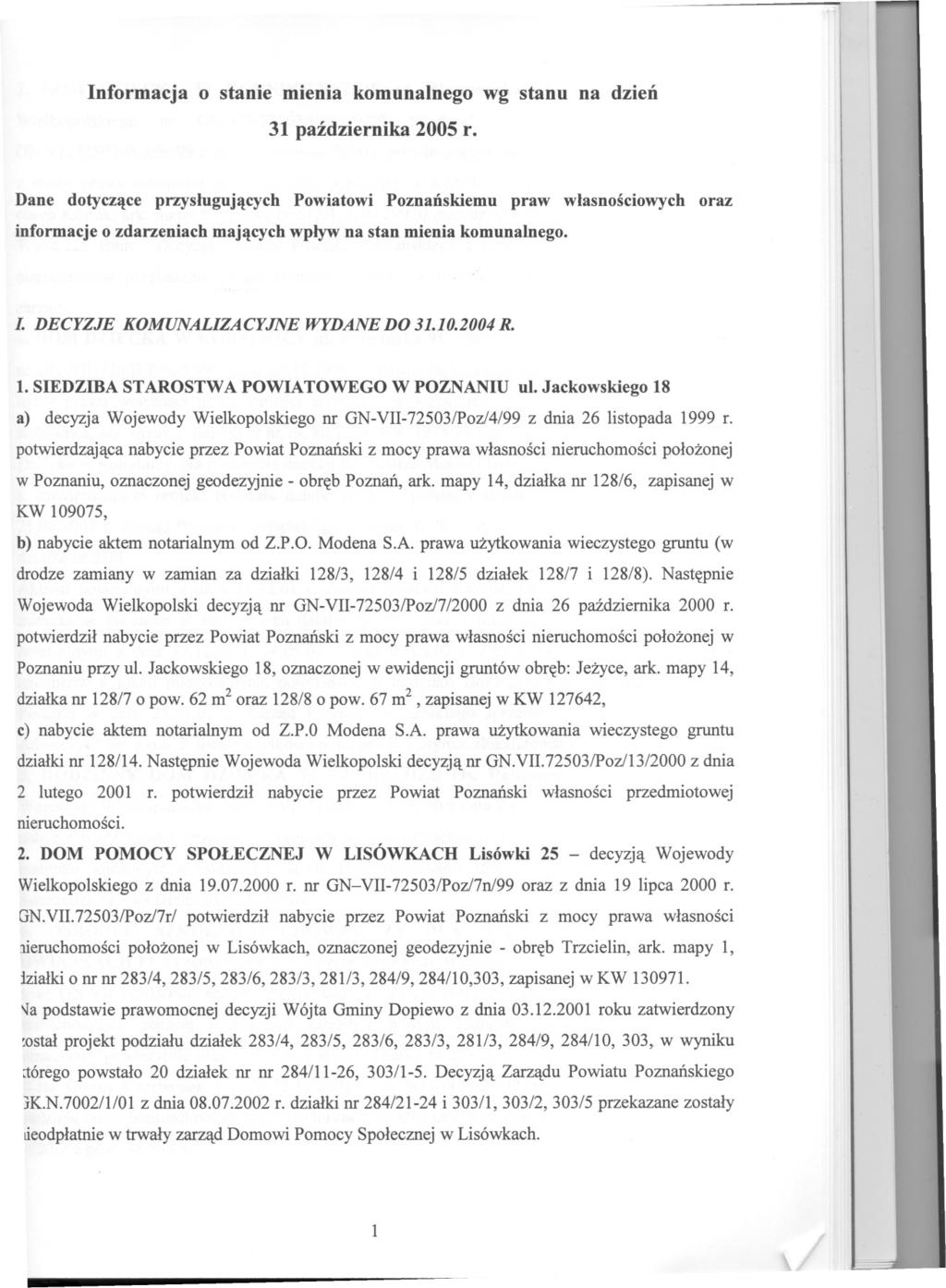 nformacja o stanie mienia komunalnego wg stanu na dzien 31 pazdziernika 2005 r.