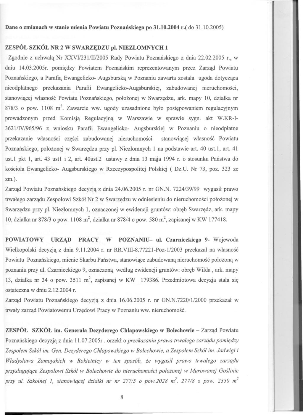 Dane o zmianach w stanie mienia Powiatu Poznanskiego po 31.10.2004 r.( do 31.10.2005) ZESPÓL SZKÓL NR 2 W SWARZEDZU pl.