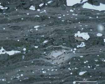 sapropelic (sso) and humic-type organic matter (hso) in clay shale, Jm19-369/8; E intergrowths of coffinite (cf) in thucholite (th), clay shale, Jm19-369/8; F replacement thucholite (th) by cooper