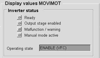 12 Serwis MOVITOOLS -Diagnoza dla MOVIMOT ze zintegrowanym złączem AS-interface Okno "Wartości wskazań MOVIMOT" W zakresie okna "stan falownika" wyświetlany jest aktualny stan urządzenia.