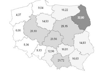 STAN I KIERUNKI ZMIAN W PRODUKCJI MLEKA W POLSCE 11 Rysunek 2. Obsada krów/1 ha UR w czerwcu 24 r. w podziale na województwa ród³o: opracowanie w³asne. Rysunek 3. Produkcja mleka w mln litrów w 24 r.