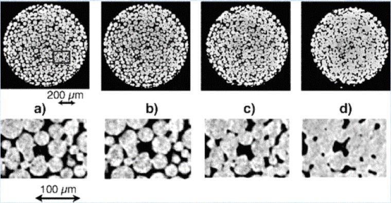 Mikrostruktura spiekanego proszku Cu; a) przed spiekaniem,b) po spiekaniu w