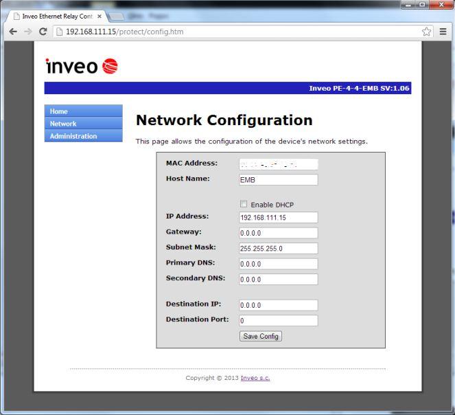Rysunek 9: Strona www do konfiguracji ustawień sieci.