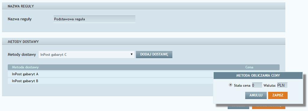 Rys. 11 Edytowanie metod dostawy w regule podstawowej Krok 4 Po zdefiniowaniu wszystkich elementów reguły należy kliknąć na Krok 5 Aby