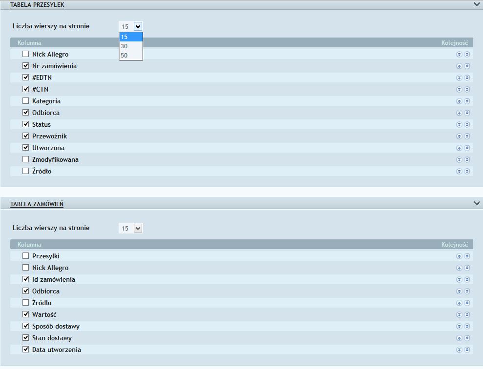 3.8 Ustawienia wyświetlania Zakładka Ustawienia wyświetlania pozwala na konfigurację widoku tabeli przesyłek i zamówień.