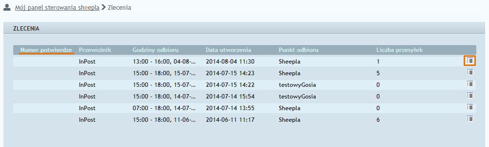 7.4 Zlecenia Zakładka Zlecenia zawiera spis zleceń odbioru przesyłek, które są wygenerowane po zamówieniu kuriera w panelu Sheepla.