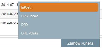 Rys. 76 Wybór przewoźnika przy zamawianiu kuriera WAŻNE: Dla InPostu zamawianie kuriera jest możliwe po uprzednim zdefiniowaniu punktu odbioru paczek na koncie Managera (Paczkomaty.