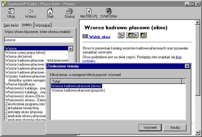 Wstęp 9 Rys. 0-4 Okno przeglądarki pomocy zakładka Indeks. Na kolejnym rysunku widoczny jest układ okna przeglądarki z ramką nawigacyjną otwartą na zakładce Indeks.