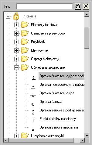 Wprowadzanie symboli Aby wyświetlić symbole należy kliknąć na zakładkę "Symbole" : Wyświetli się drzewo symboli: SEE Electrical zarządza symbolami w bazie danych symboli (<nazwa>.